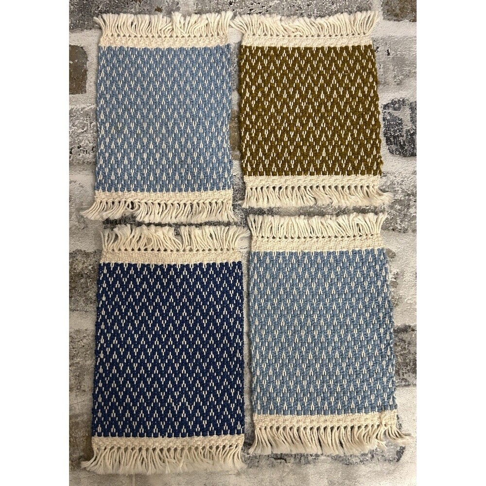Guatemalan Cotton Cup Drink Coasters Fringe Edges 8” X 5” Set Of 4 Blue Brown